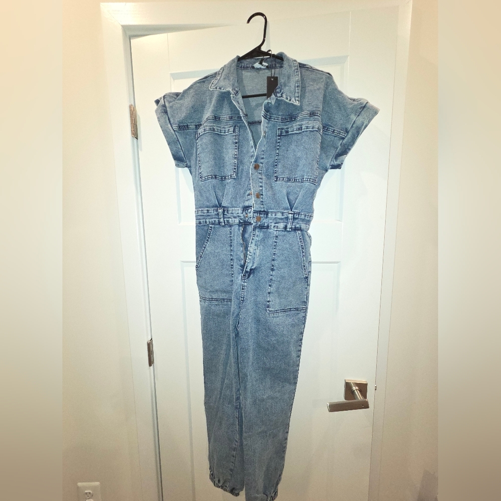 Fashion Nove Denim Jumpsuit with Short Sleeves